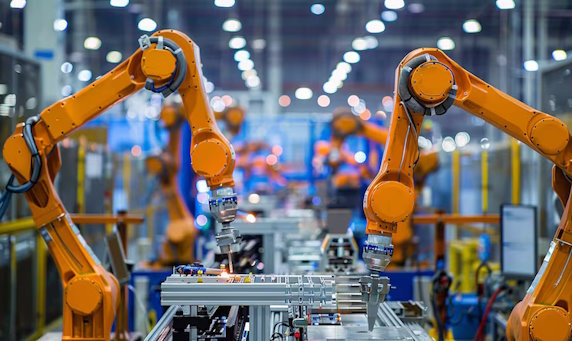 Robots welding a part on a manufacturing line